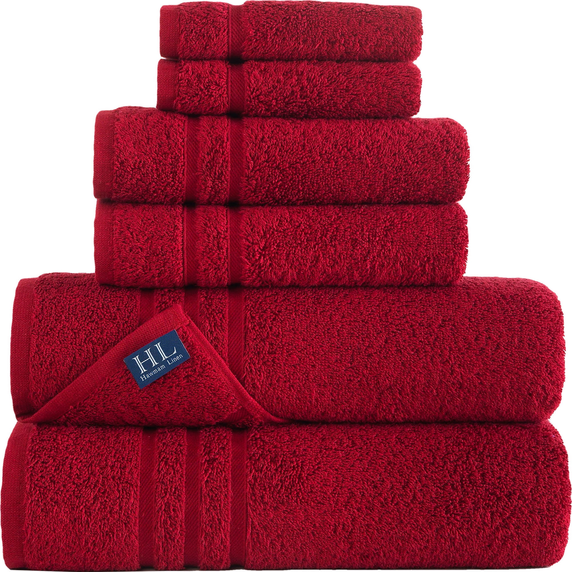 Hawmam Linen Red Burgundy Bathroom Set - 6-Piece 100% Turkish Cotton - 2 Bath Towels, 2 Hand Towels, 2 Washcloths - Soft, Plush, Quickdry, High Absorbent - Bathroom Accessories, Dorm Room Essentials