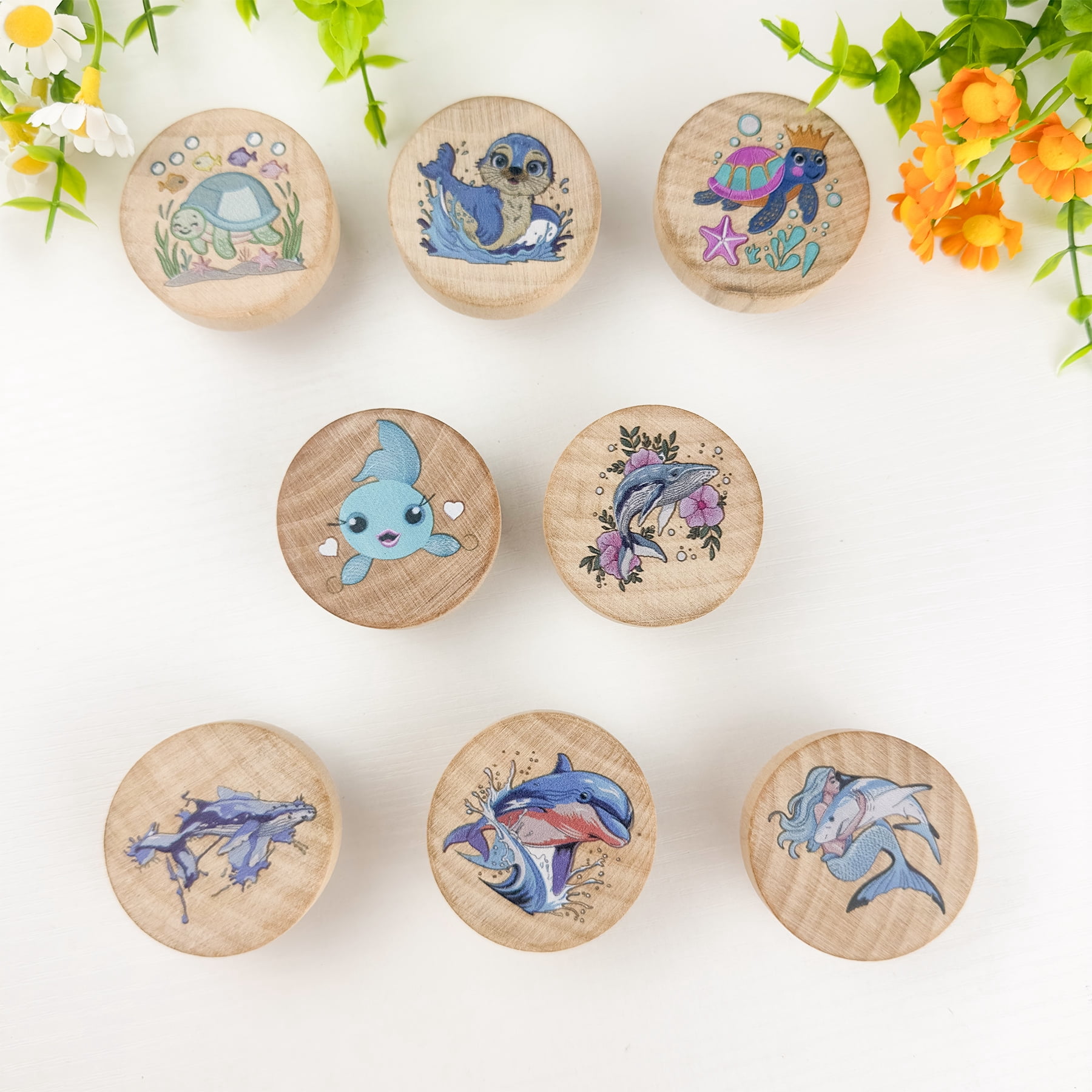 Jamjam 8Pack 1.5" Wooden Cute Ocean Animals Drawer Pulls Cupboard Cabinet Knob Nursery Kids Room Turtle Whale Seastar Dresser Drawer Knobs