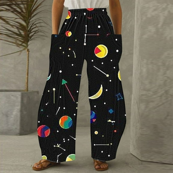 Runfenguu Baseball Pants, Running Pants Women Women'S Fashion Star Universe Print Straight Leg Wide Trousers Loose Casual Pants