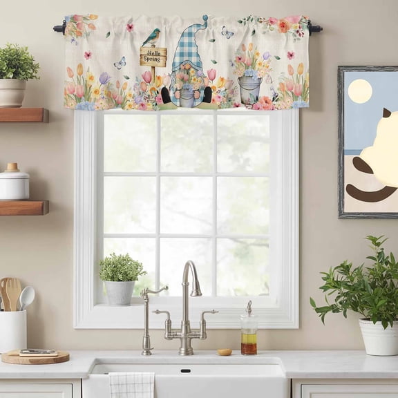 Rustic Gnome Flower Valances for Windows,Rod Pocket Valance for Kitchen Bedroom Bathroom Living Room,Spring Pastoral Linen Theme Window Valance Curtain Home Decor Short Curtains 54x18in