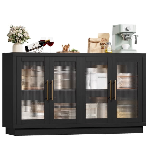 Homfa 55.1"W Modern Sideboard Buffet with Fluted Glass Doors, Accent Cabinet Console Table TV Stand, Black