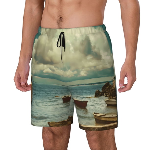 Balery Serene Coastal Blue Sky Bañador para hombre, shorts de playa de secado rápido con entrepierna y forro de compresión-Large