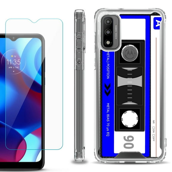 Shockproof Bumper Phone Case for Motorola Moto G Pure, with Tempered Glass Screen Protector, by OneToughShield ® - Cassette Blue