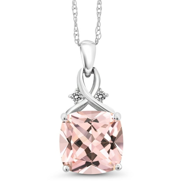 Gem Stone King 10K White Gold Peach Nano Morganite and White Diamond Pendant Necklace for Women (4.38 Cttw, Gemstone October Birthstone, Cushion Cut 10MM, with 18 inch Chain)