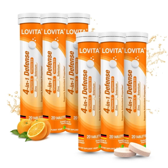 Lovita 4-in-1 Defense Vitamin C Immune Support Effervescent Tablets 20 Count, Vit D3, Zinc, Selenium, Antioxidant Support, Orange Flavor, Vegan, Gluten-Free, Sugar-Free, Lactose-Free (Pack of 6)