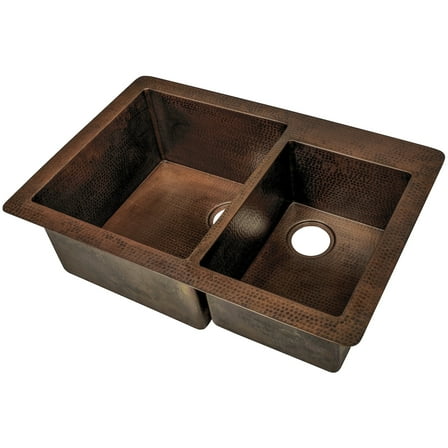Novatto TCK-006AN Guadalajara 60/40 Undermount Copper Kitchen Sink, Antique