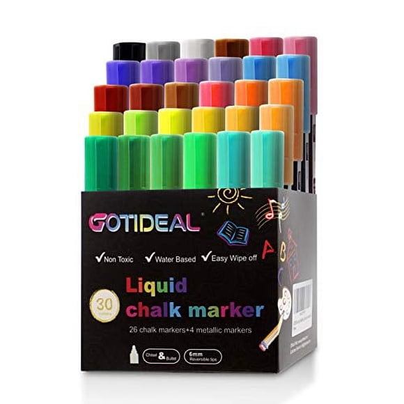 GOTIDEAL Liquid Chalk Markers, 30 colors Premium Window Chalkboard Neon Pens, Including 4 Metallic Colors, Painting and Drawing for Kids and Adults, Bistro & Restaurant, Wet Erase - Reversib