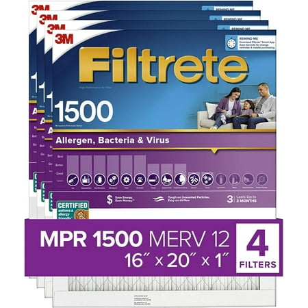 

Filtrete 16x20x1 AC Furnace Air Filter MERV 12 MPR 1500 CERTIFIED asthma & allergy friendly 3 Month Pleated 1-Inch Electrostatic Air Cleaning Filter 4-Pack (Actual Size 15.69