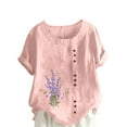 thumbnail image 2 of Edvintorg Cotton And Linen Shirts for Women Plus Size Summer Flower Print Regular Button Round Neck Short Sleeve Blouse Tops, 2 of 5