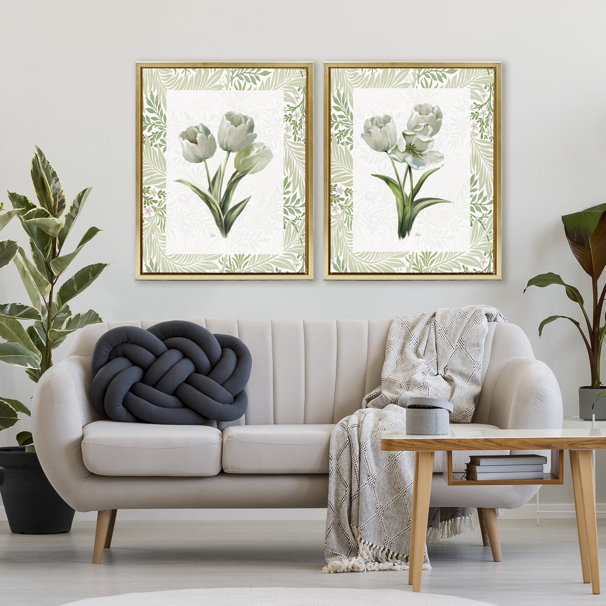 Stupell Industries Soft Green Tulip Trios 2 Piece Gold Framed Floater Canvas Set, design by Nan