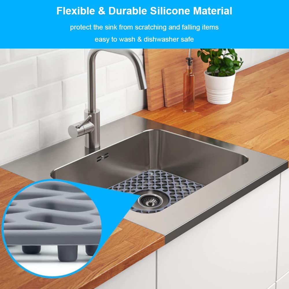 2pcs Kitchen Sink Mats, TSV Rubber Sink Mat, Kitchen Sink Grid Protector,  Non-Slip Drain Pad Protector with Cuttable Center Drain, Collapsible Sink