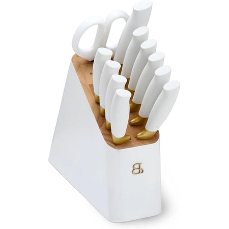 12 Piece Knife Block Set, Soft-Grip Ergonomic Handles, Stick Resistant, Sharp, Comfortable, Easy Care, BPA-Free, White & Gold
