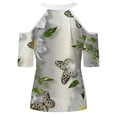 thumbnail image 4 of Camiseta de manga corta con hombros descubiertos y cuello en V con estampado de mariposa informal para mujer a la moda Fridja  hjk5124, 4 of 5