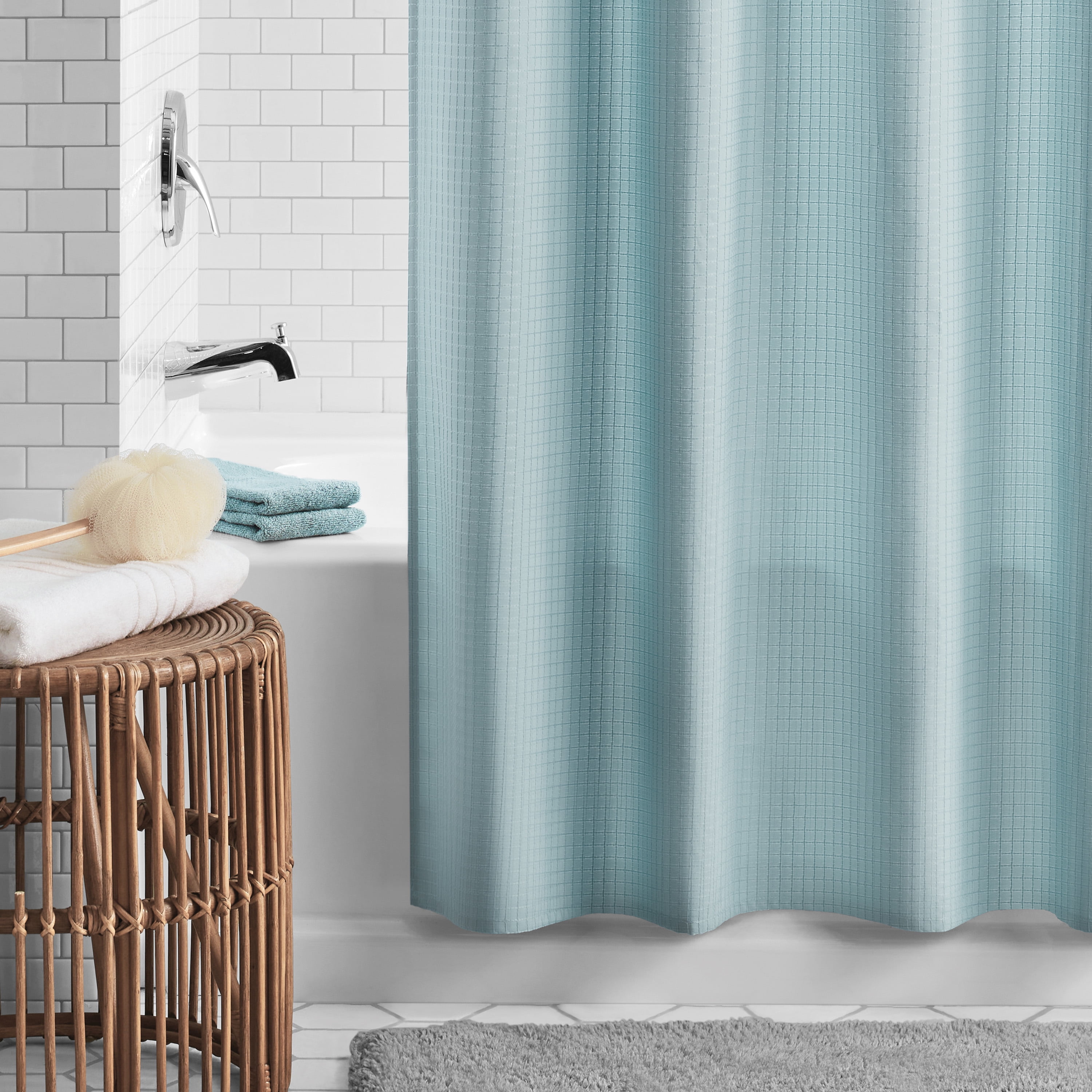 Mainstays Eco-Friendly Waffle-Weave Fabric Shower Curtain, with Recycled Polyester, 72” x 72”, Blue