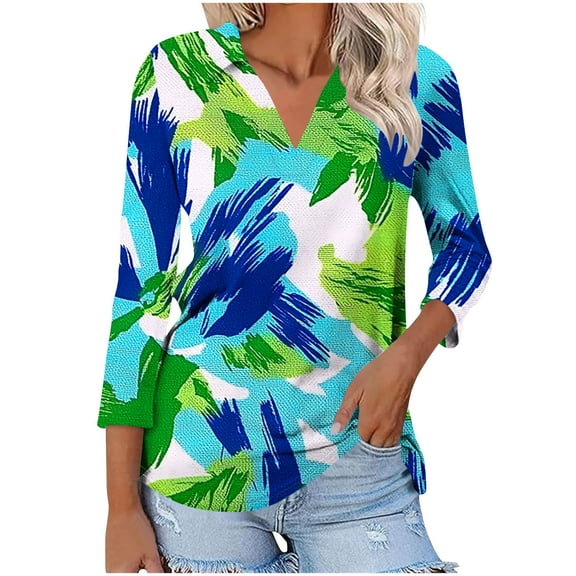 QQAMB Women's Tops V-Neck Floral Printed 3/4 Sleeve Summer Casual Tee T-Shirts Elegant Dressy Blouse Green L
