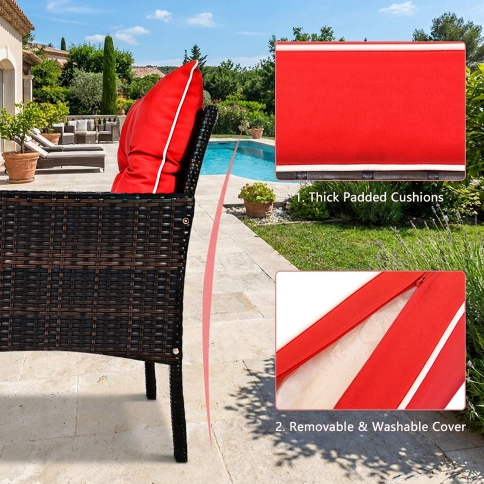 Biotree 5 Piece Patio Rattan Sofa Ottoman Set outdoor conversation set with cushions and glass side table for garden backyard and porch, Red