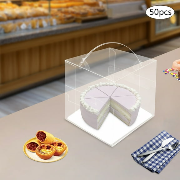 50Pcs Bulk Set with Handles, Clear Cake Boxes, Square Dessert Containers, PET Bakery Packaging for Commercial Bakeries