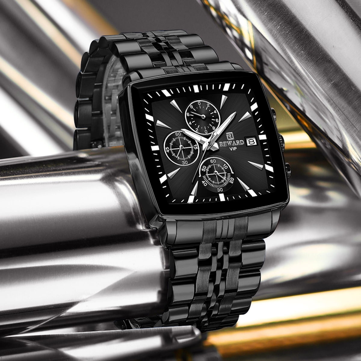 Square Watches for Men Black Stainless Steel Chronograph Fashion Business Watch Luminous Waterproof Casual Wrist Watches