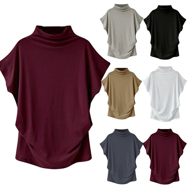 POINTERTECK Mode Été Femmes Couleur Unie Col Roulé Manches Courtes T-Shirt Haut