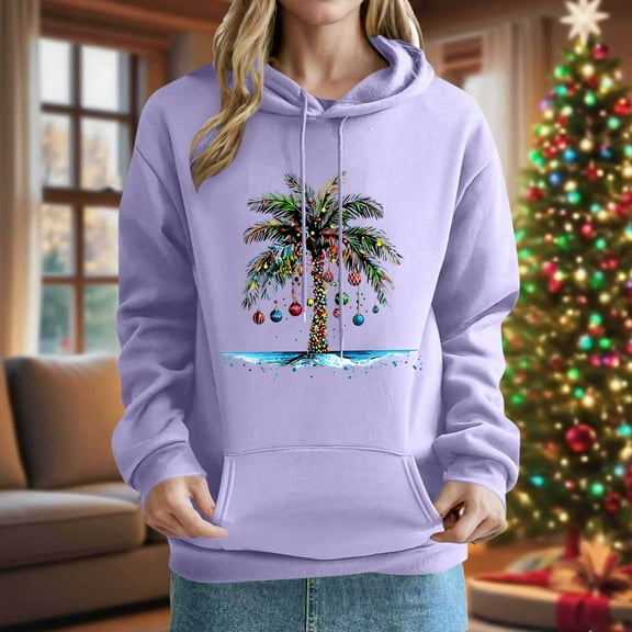 Mifsaly Christmas Sweatshirts for Women Hooded Long Sleeve Loose Hoodie Cute Tree Printed Drop Shoulder Casual Pullover Tops Xmas Festival Party Winter Outerwear with Pocket 2025 Holiday