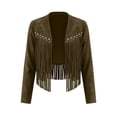 thumbnail image 6 of Ndbuld Thin Jackets for Women Lightweight Women V Open Front Long Sleeve Studded Fringe Tassel Cropped Solid Casual Western Jacket Outerwear,Army Green,M, 6 of 6