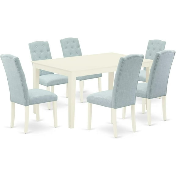 HomeStock 7 Piece Kitchen Table & Chairs Set Consist of a Rectangle Dining Room Table and 6 Blue Linen Fabric Parsons Dining Room Chairs, 36x60 Inch, Linen White