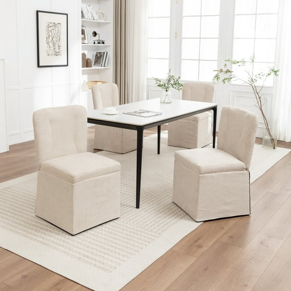 Dining Chairs Set of 2, Modern Fabric Armless Chairs with Padded Seat and High Backrest, Upholstered Side Chairs with Metal Legs, Beige