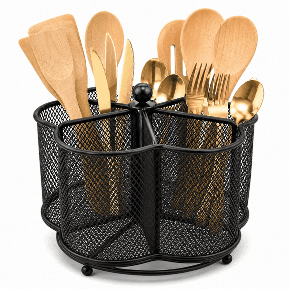 360° Rotating Kitchen Metal Utensil Holder, 5 Compartment Countertop Silverware Organizer, Black