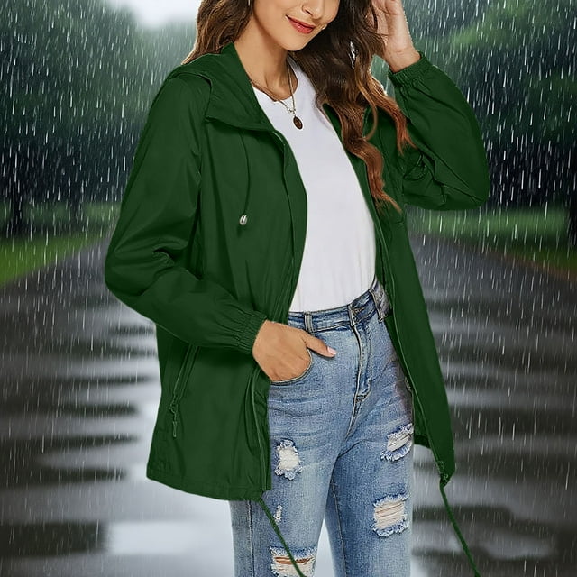 Soki Veste Imperméable pour Femmes, Veste Légère à Fermeture Éclair, Veste à Capuche à Manches Trois-Quarts avec Poches