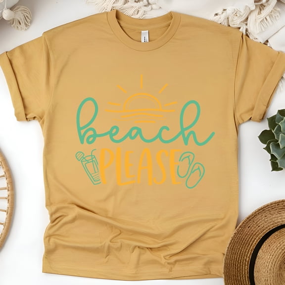 Cute Beach Please T-Shirt – Vacation Graphic Tee with Sunset and Flip Flops, Gold, Size M