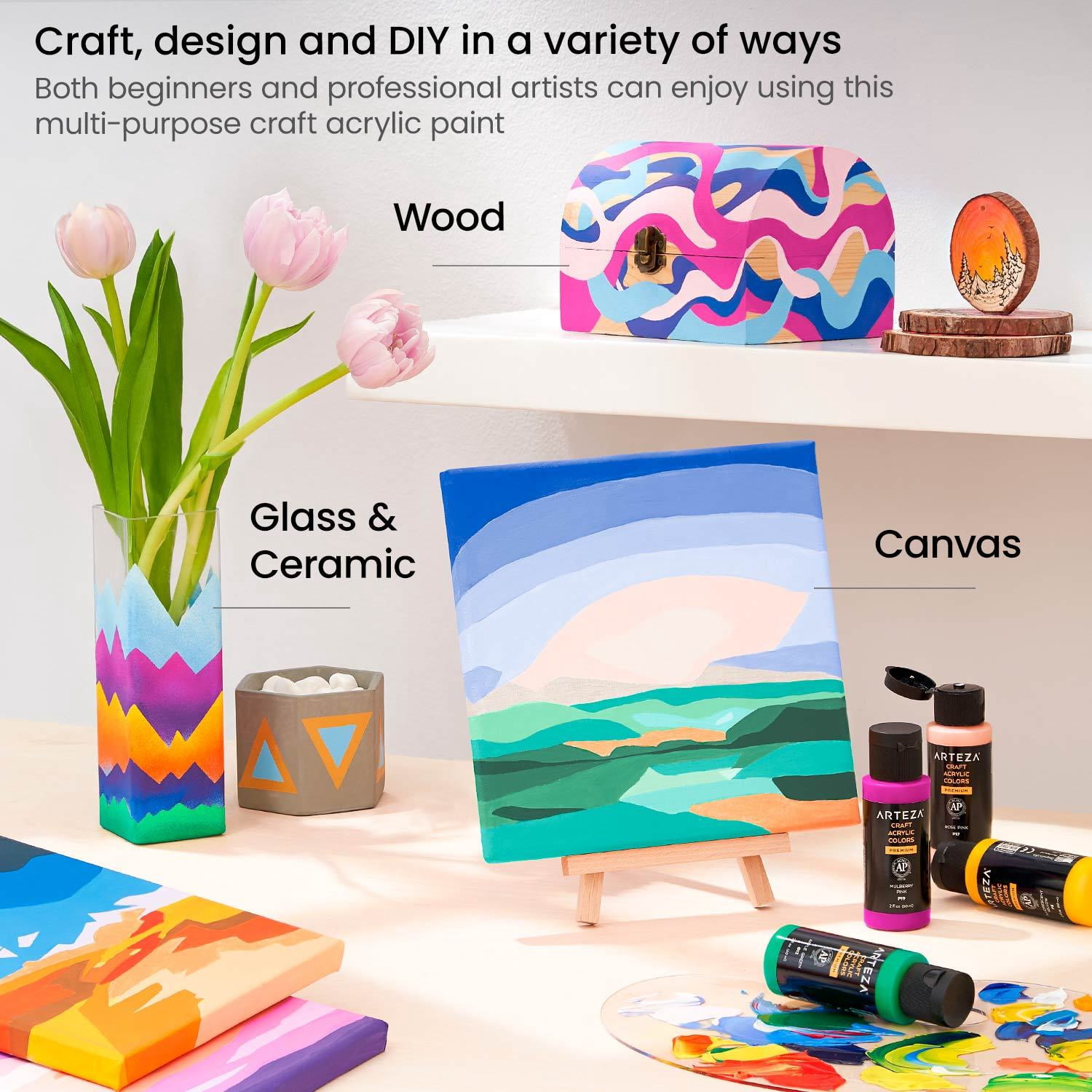 Arteza Acrylic Craft Paint, Matte Finish, Multicolor, Set of 20, 60 mL