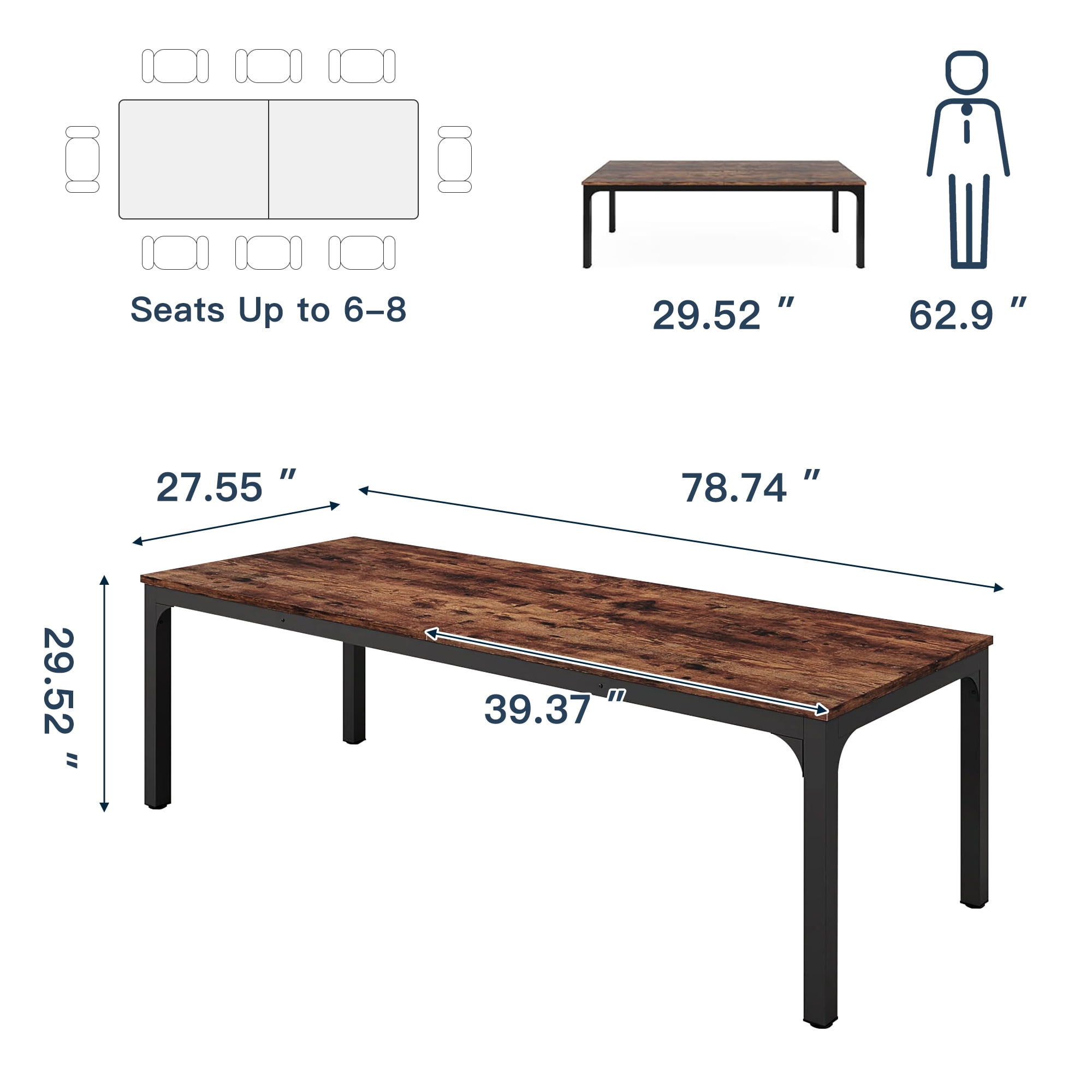 Demi Bonn 78" Farmhouse Dining Table, Wood Rustic Kitchen Table for 8 People, Large Rectangular Dinner Table for Dining Room, Home Office, Living Room Furniture, Rustic Brown