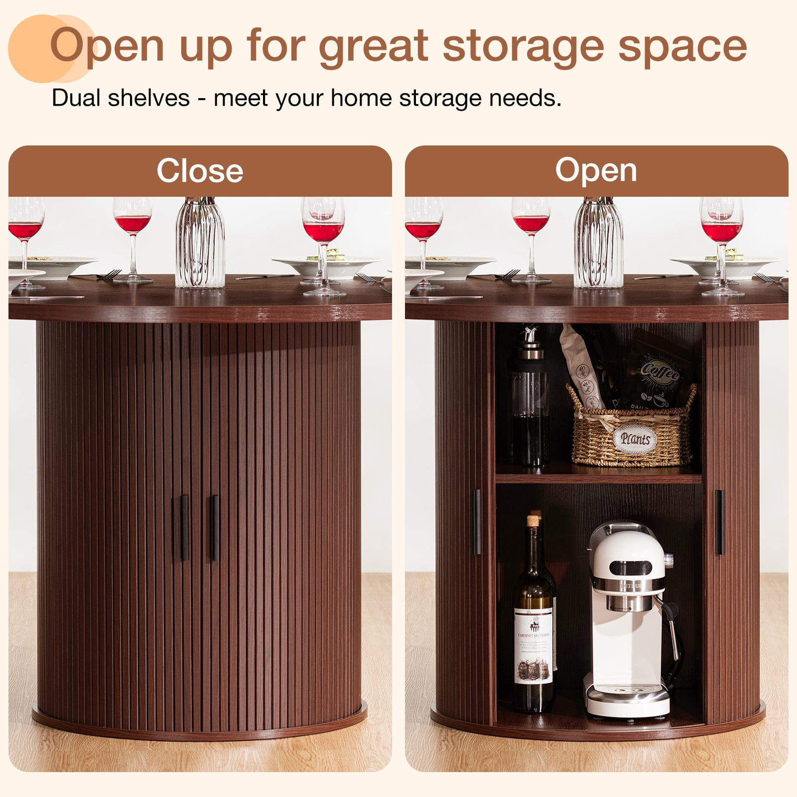 Hommpa 48" Round Dining Table with Storage, Morden Kitchen Table Wood for 4 with 2-Layer Storage Shelves and Wood Slide Door for Kitchen for Party Holiday Festival Christmas Gift, Brown
