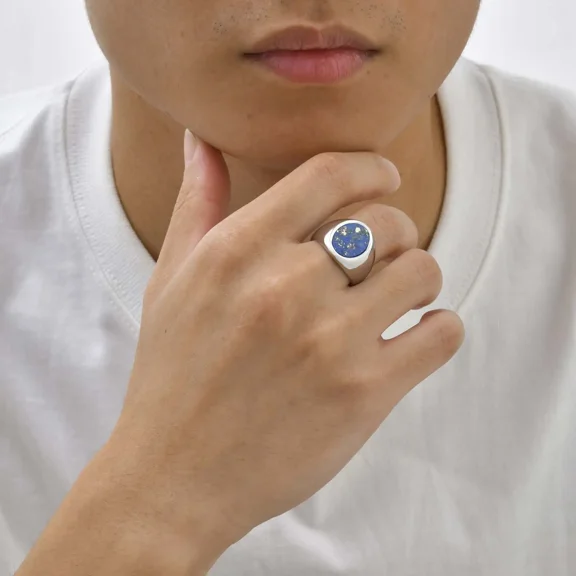 Men's High Quality 14K White Gold Rings Natural Stone Fashion Round Signet Rings for Men Women Father Teens Simple Jewelry Gift