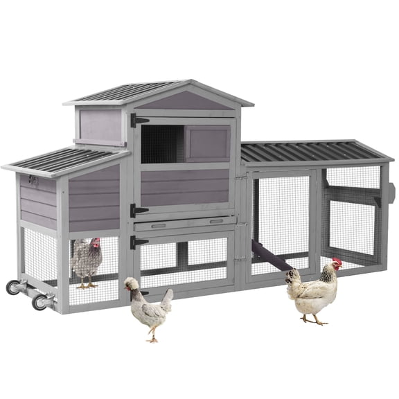80’’ Chicken Coop with Wheels, Outdoor Wooden Chicken House with Nesting Box, Poultry Chicken Cage with Weatherproof Roof and Leakproof Pull-on Tray, Large Chicken Coops with 4-6 Chickens