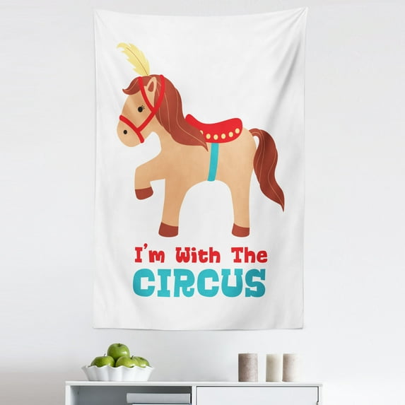 Pony Tapestry, Funny Side Look Peach Colored Horse and Blue Toned I'm with the Circus Lettering, Fabric Wall Hanging Decor for Bedroom Living Room Dorm, 5 Sizes, White Multicolor, by Ambesonne
