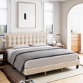 thumbnail image 3 of Full Size Bed Frame, Linen Upholstered Platform Bed Frame with Button Headboard, Beige, 3 of 7