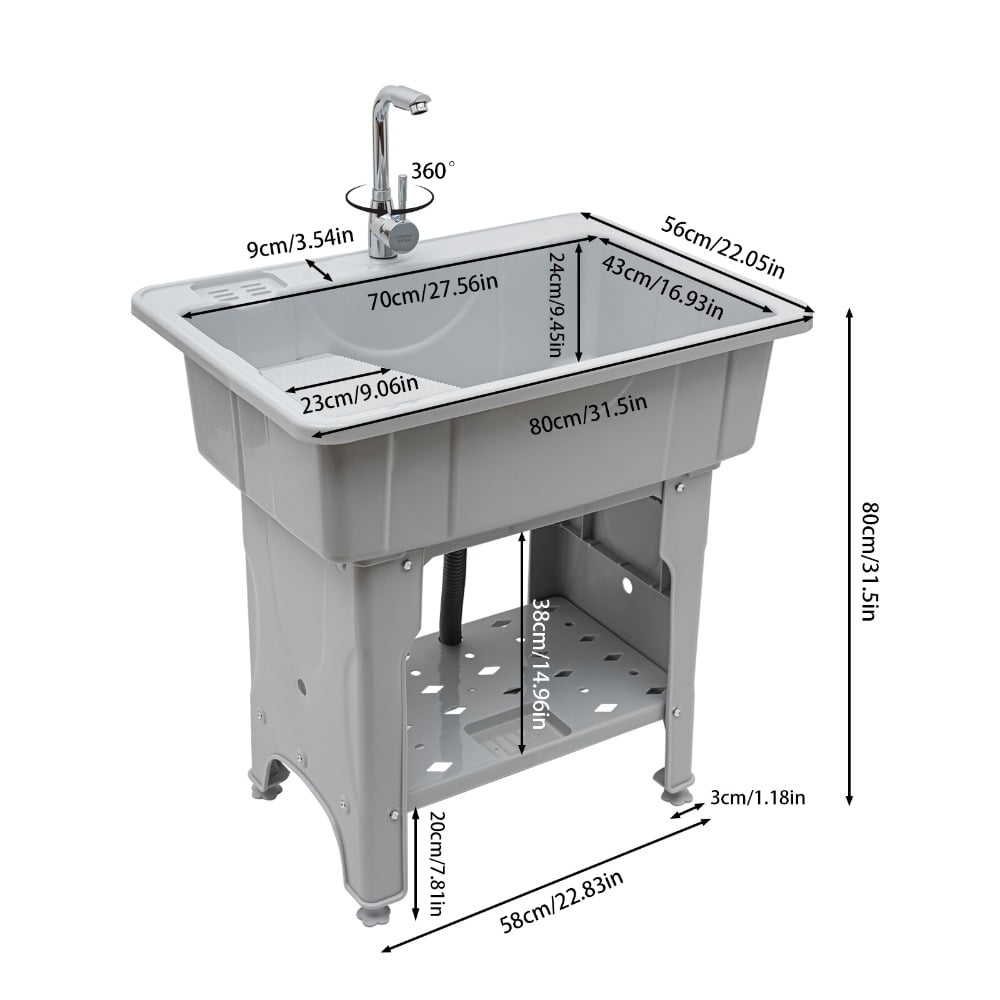Freestanding Laundry Sink with Faucet, 31.5" Utility Sink with Removable Washboard & Storage Shelf, Heavy Duty Plastic Utility Tub for Laundry Room Garage Basement Pet Wash