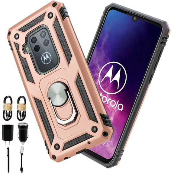 Value Pack + for Moto One Pro/ Moto One Zoom Titanium Phone Metal Case Finger Grip Holder Ring Magnet Mount Ready Grip Kickstand with Full Coverage Temper Glass (Rose Gold)