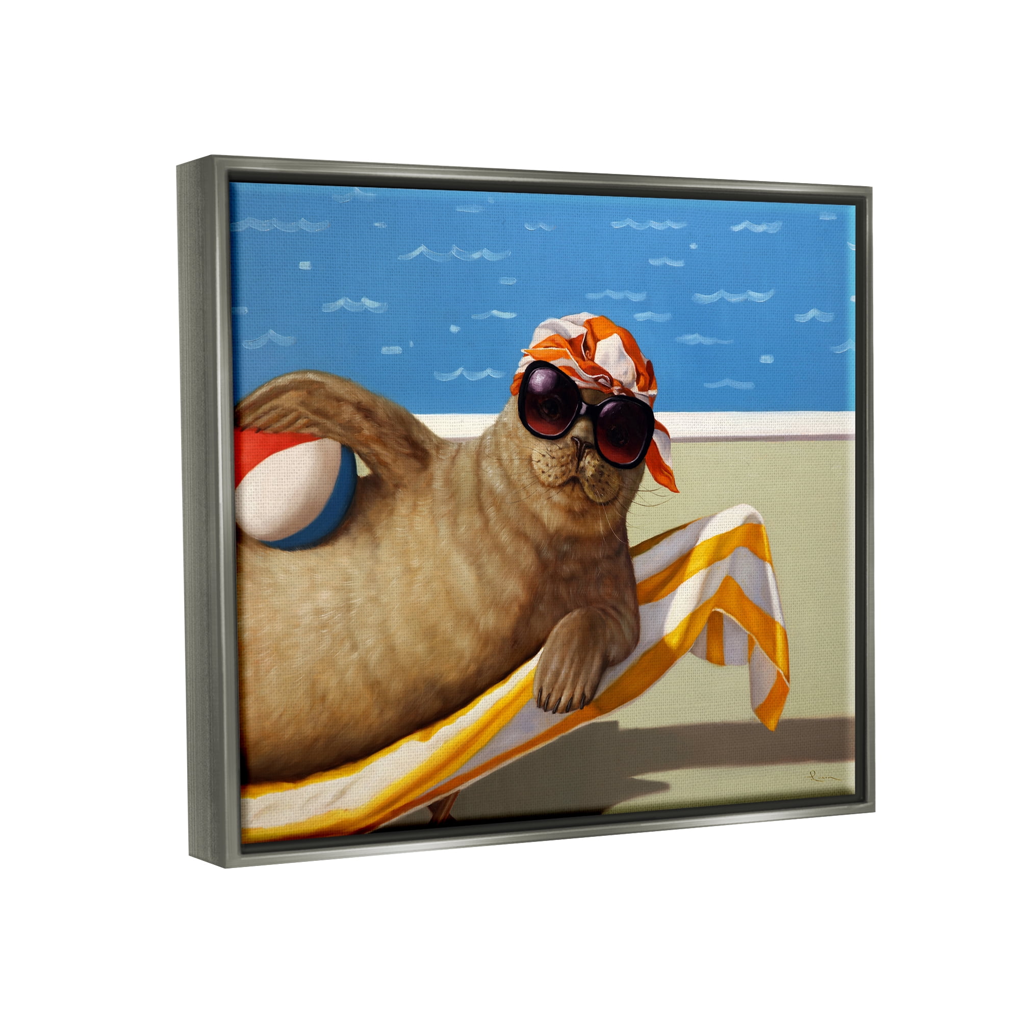 Stupell Industries Seal with Beachball Animals & Insects Painting Gray Floater Framed Art Print Wall Art, 31 x 25
