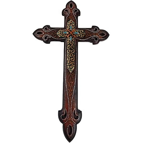 Urbalabs Western 20 Inch Wall Cross Within A Cross Brown Decorated with Stones and Beads Distressed Wall Hanging Cross Country Wall Decor Room Decoration Office Church Home (Fancy Double cross)