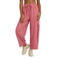 thumbnail image 6 of Linen Barrel Pants Women Drawstring High Waisted Wide Leg Trousers Summer Lounge Pants with Pockets Boho Beach Pant, M, 6 of 8
