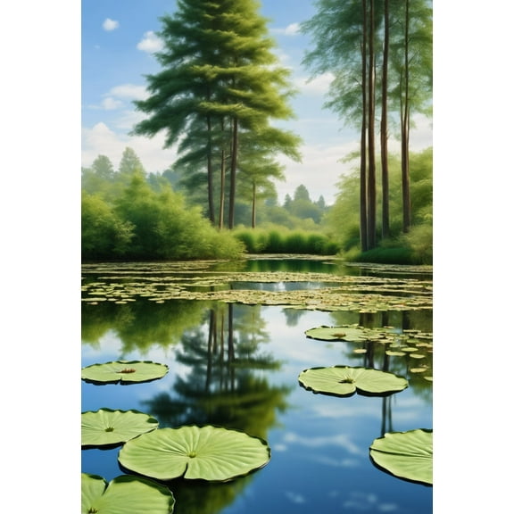 Tranquil Pond Surrounded by Tall Trees Photograph I - 12" x 18" Art Print Wall Decor