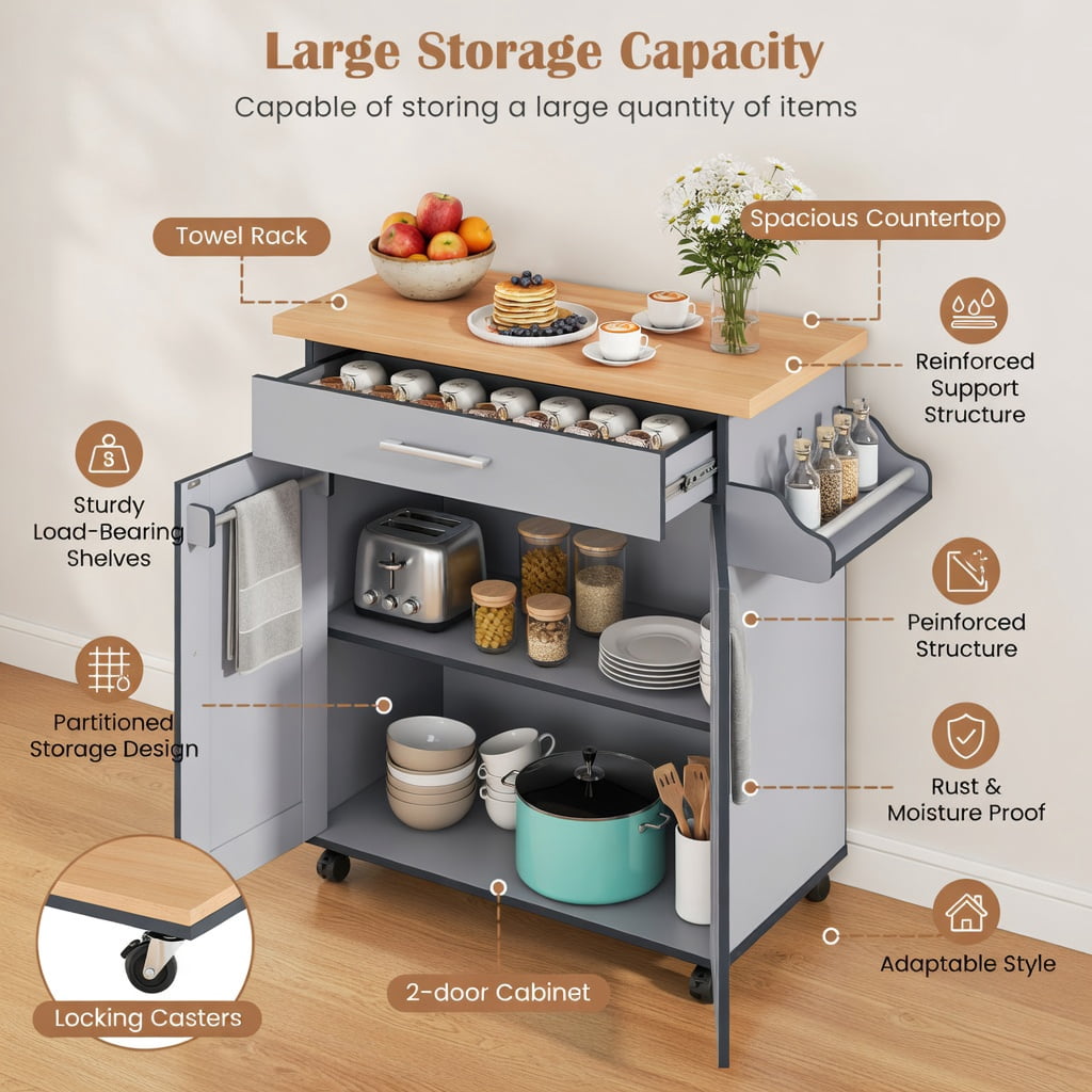 Demi Bonn Rolling Storage Cabinet Cart, Kitchen Island Cart, Rolling Kitchen Island Cart with Towel and Spice Rack, for Kitchen, Dining Room, Gray