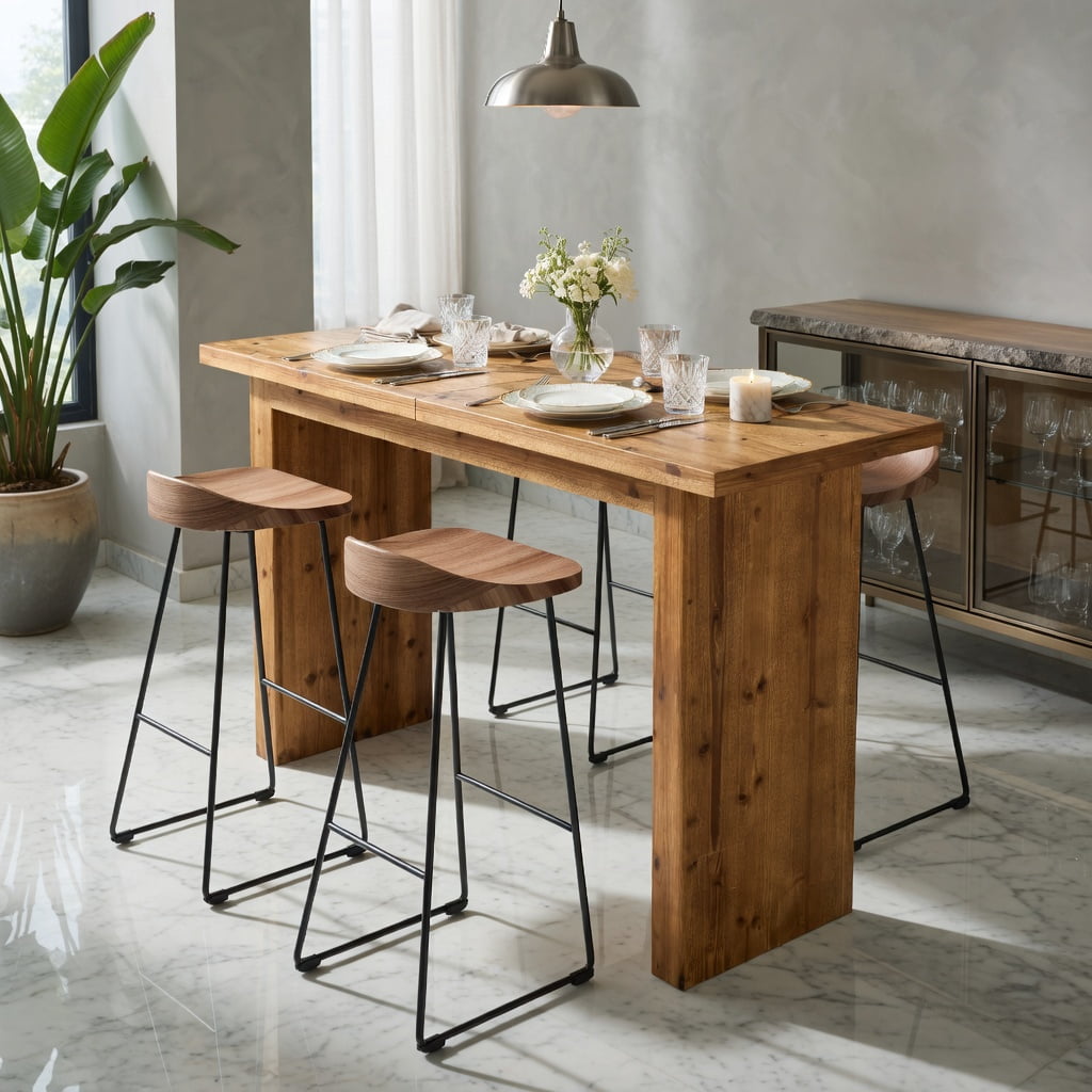 Hommoo Solid Wood Counter Height Bar Table, 63 Inch Rustic Industrial Pub Table for Home Bar, Kitchen Island or Office Workspace, Natural
