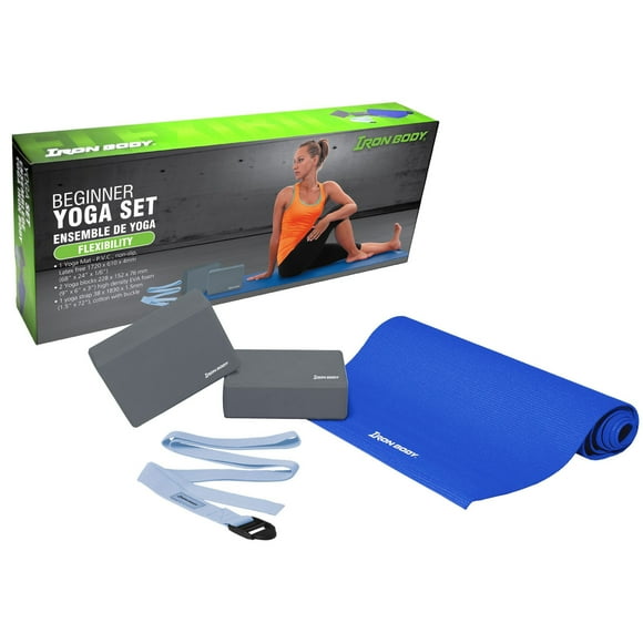 IBF Iron Body Fitness Yoga Starter Kit, 4-Piece Set with 4 mm PVC Yoga Mat, EVA Blocks and Cotton Stretch Strap