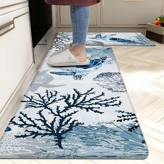 DERONA Beach Kitchen Floor Mat Rugs Nautical Decorative Coral Sea Turtle Kitchen Rugs Anti Fatigue Mats Non-Slip Comfort Standing Cushioned for Kitchen 17.3