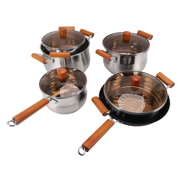 Cooking Stainless Steel Cookware Set Wooden Handle Multifunctional Kitchen Cooking Set for Steaming Boiling Making Soup