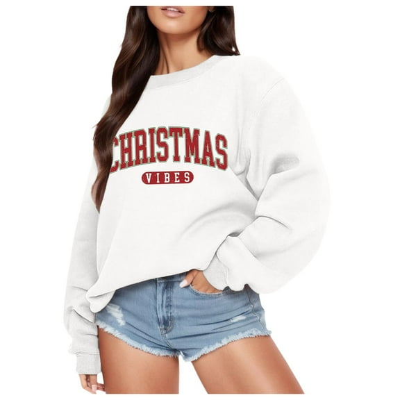 Fiaer Christmas Women Pullover Sweatshirts Letter Graphic Plus Size Crew Neck Long Sleeve Loose Fit Casual Trendy Warm Tops White XL