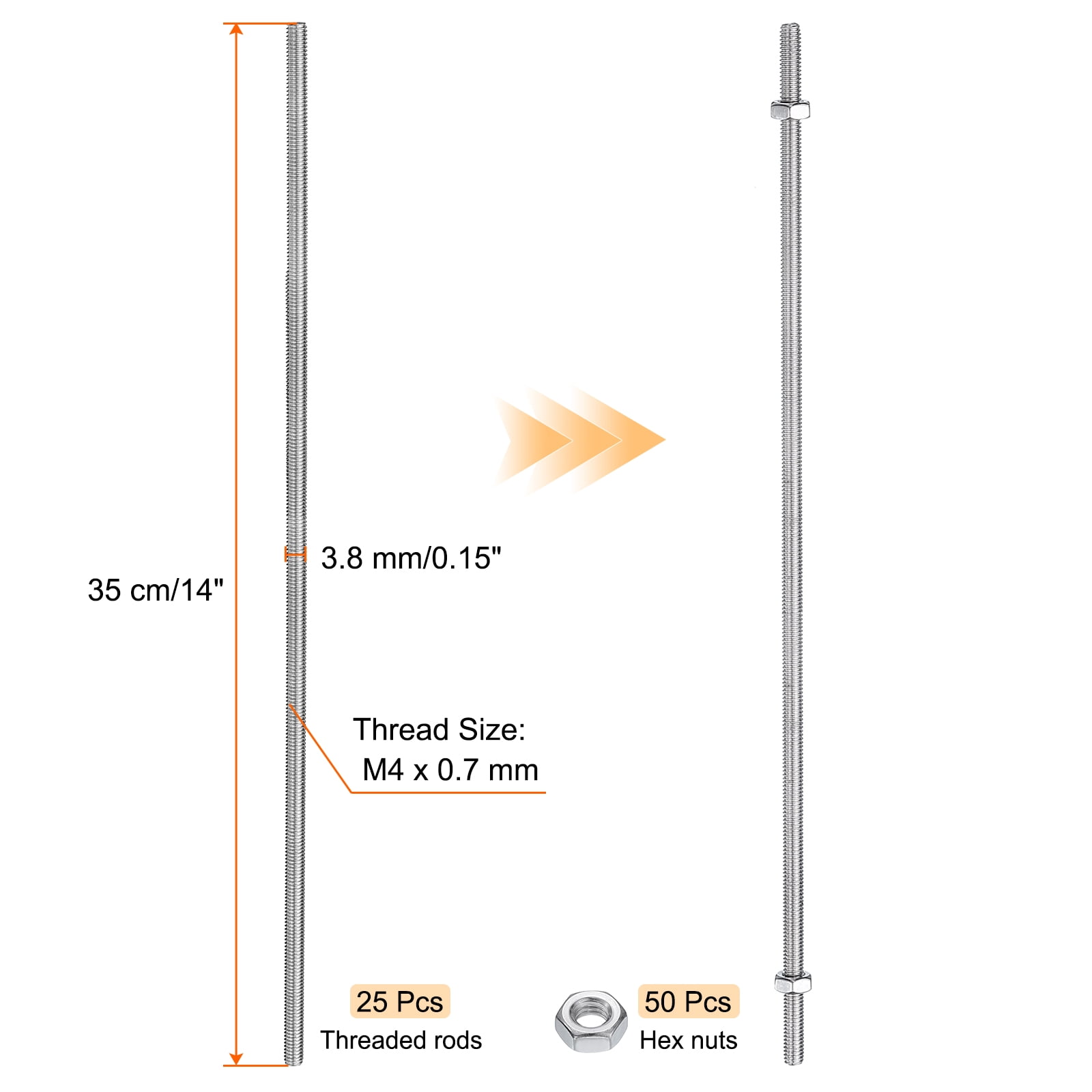 Uxcell 25pcs 8/32 Inch M4 Threaded Rods with Hex Nuts 14 Inch 304 Stainless Steel Rod, Silver